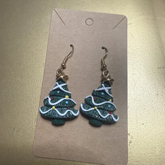 NWT Green Ceramic Christmas Tree Earrings with Gold Star Topper - Picture 2 of 3